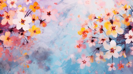  a painting of pink, yellow and white flowers on a blue and pink background with a sky in the background.