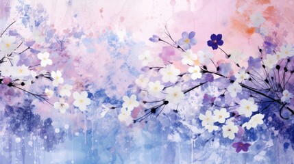  a painting of white and purple flowers on a blue and pink background with white and purple flowers in the foreground.