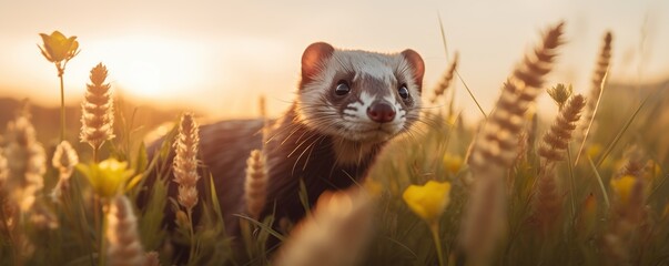 ferret in a meadow with a sunset background
