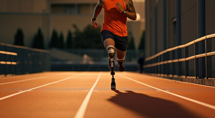 Amputee athlete participates in a race. Man with prosthetic leg. Sportsman disability guy
