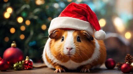 adorable guinea pig in Santa Claus costume - obrazy, fototapety, plakaty