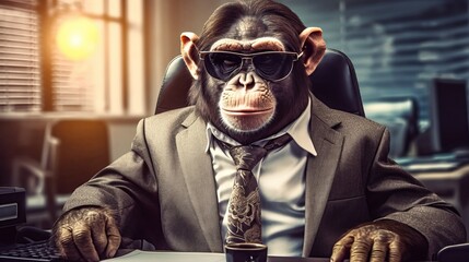 In the office, there is a humorous monkey wearing sunglasses - obrazy, fototapety, plakaty