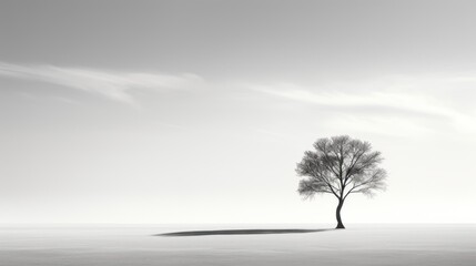  a lone tree stands alone in the middle of a snow - covered field in a black - and - white photo.
