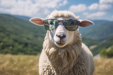 Unny sheep wearing sunglasses. ai generated.