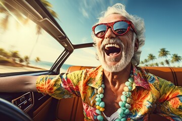 A joyful bearded senior man savoring a summer road trip in Italy, embarking on a luxury convertible adventure, embodying a lifestyle of affluence and freedom - obrazy, fototapety, plakaty