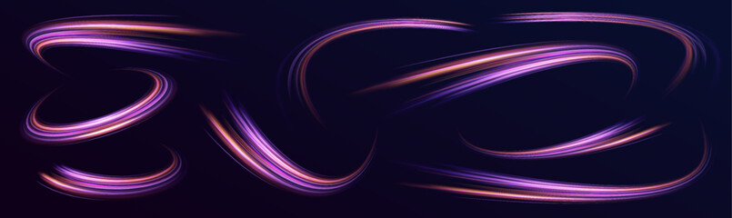 Big data traffic visualization, dynamic high speed data streaming traffic. Neon color glowing lines background, high-speed light trails effect. Purple glowing wave swirl, impulse cable lines.