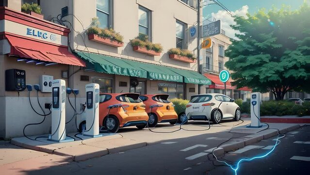 Electric cars charging at electric vehicle charging station integrated into a building. 