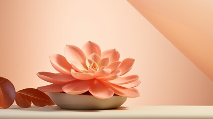  a pink flower sitting on top of a table next to a brown and white vase with a leaf on it.