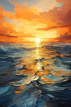 sunset ocean waves bright swirly liquid ripples streaming naval background oil sprites tall