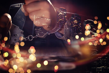 Double exposure of male hands locked in handcuffs with city landscape background, with cross...