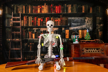 skeleton wrapped in Christmas lights holding retro bb gun with vintage radio and old library...