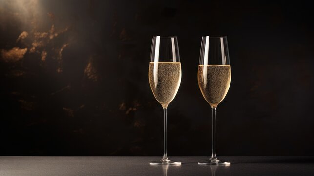  two glasses of champagne sitting next to each other on top of a black table with a brown wall behind it.