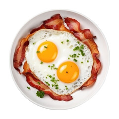 Fototapeta na wymiar Fried eggs and bacon breakfast isolated on white background. Top view 