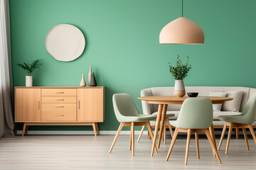 Modern and minimalist living room with wooden furniture and green accents.