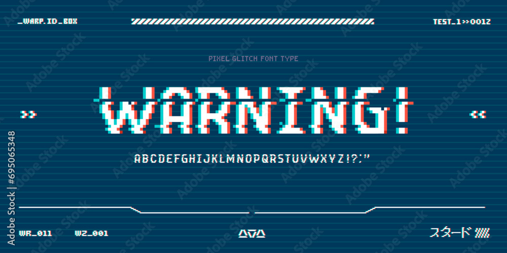 Wall mural warning - retro pixel glitch font in 90s style. cyberpunk style font type. vector futuristic glitch 