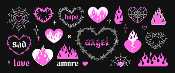 Pink Gothic hearts in 2000s style. Emo goth tattoo flamed hearts on black background. Chain hearts and barbed wire hearts vector decor elements for print fabric and textile design - obrazy, fototapety, plakaty