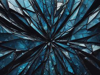 Abstract shattered stained glass background in blue colors.