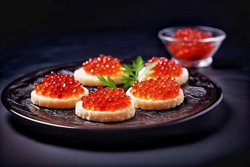 Canapes with red caviar and parsley on a black plate on a black background