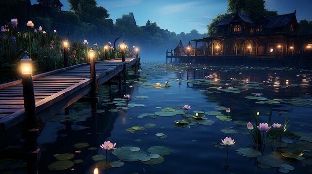 tranquil lakeside retreat at dusk  wooden dock, starry canopy, and full moon reflection