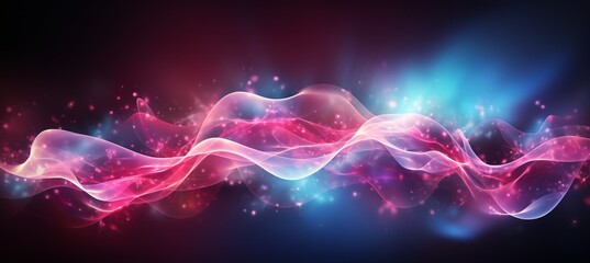 Digital wallpaper with pink and blue neon wave lines and bokeh lights   data transfer concept