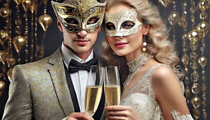 Kobieta i mężczyzna piją szampana na balu karnawałowym - obrazy, fototapety, plakaty