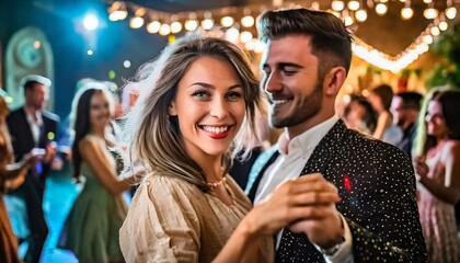 Tańcząca para młodych ludzi na balu sylwestrowym, weselu lub imprezie