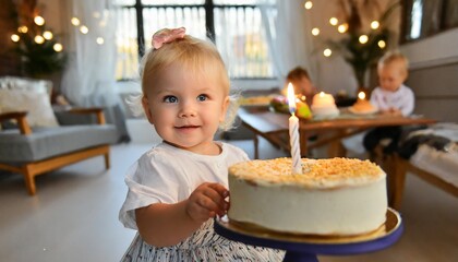 Mała dziewczynka obchodząca swoje pierwsze urodziny stoi obok tortu se świeczką - obrazy, fototapety, plakaty