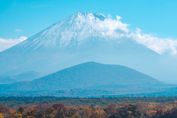 Nature Landscape view of Colorful Autumn Season and Mountain Fuji with morning fog and red leaves at lake Kawaguchiko is one of the best places in Japan