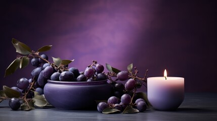  a candle sitting next to a bowl of grapes and a bunch of leaves on a table with a purple background.