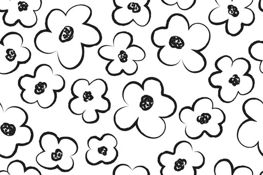Seamless pattern with flowers drawn with black brush strokes. Monochrome handmade botanical ornament lineart. Ink paints simple flowers, leaves, strokes. Floral elements on white background