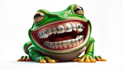 Frog showing his teeth with dental corrector. Dental Care concept. Funny frog with a human denture with braces.