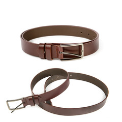 Stylish brown leather belts isolated on white. Collage.