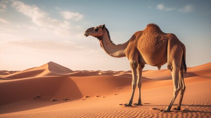  a camel standing in the middle of a desert with sand dunes in the background and a blue sky with wispy clouds.