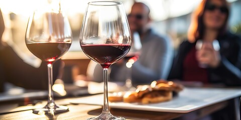 Happy friends drinking red wine dining at restaurant terrace, Group of young people wearing winter clothes having fun at outdoors winebar table