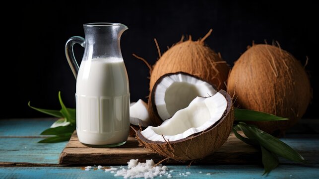  a bottle of milk next to some coconuts on a cutting board and a glass of milk on a wooden table.