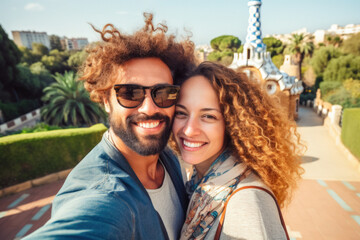 Young couple take a selfie photograph in Park Guell in Barcelona Spain