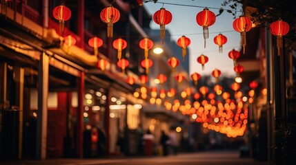 The evening comes alive on this bustling street adorned with rows of red lanterns casting a warm...