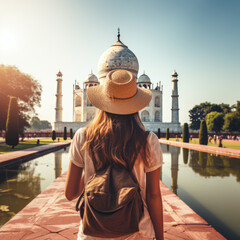 Young female traveller stands in front of the Taj Mahal monument in India