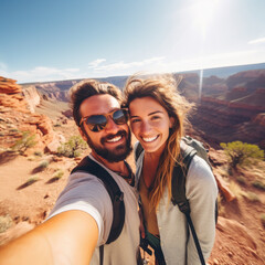 Happy couple take a selfie photograph looking over the Grand Canyon in Arizona, USA