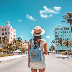 Woman on vacation walks along the pastel Art Deco district of South Beach Miami Florida, USA