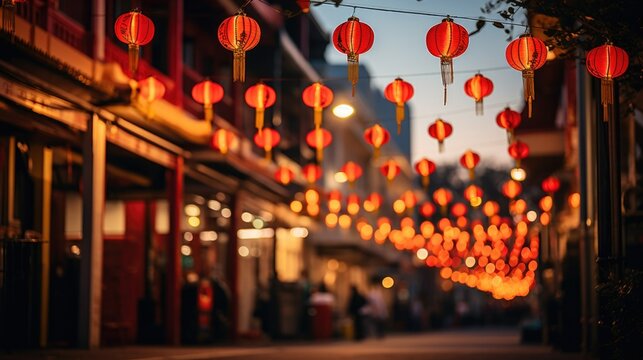 The evening comes alive on this bustling street adorned with rows of red lanterns casting a warm festive light. The lanterns float in the air like fiery orbs