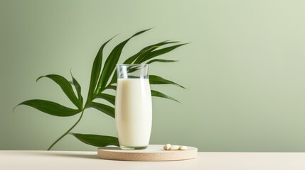  a glass of milk sitting on top of a table next to a green plant and a bottle of milk on top of a table.