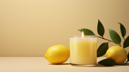  a glass of lemon juice next to two lemons with a green leaf on the side of the glass and a candle on the other side of the glass.