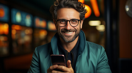
Adult man with glasses and gray hair happily using his smartphone in a cinema or shopping center. Middle aged guy looking at camera using technology to communicate and with copy space background.