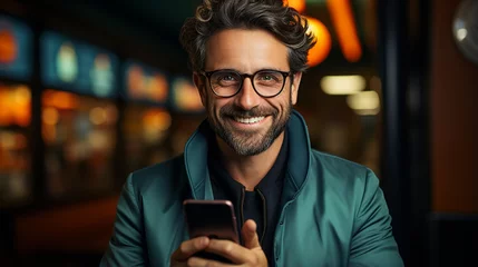 Deurstickers  Adult man with glasses and gray hair happily using his smartphone in a cinema or shopping center. Middle aged guy looking at camera using technology to communicate and with copy space background. © Acento Creativo