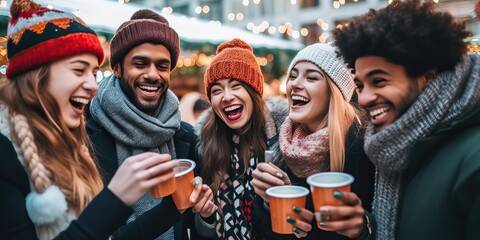 Happy friends having fun drinking mulled wine and hot chocolate at Christmas Market, Cheerful young people enjoying winter holidays on weekend vacation, Tourism lifestyle and friendship.