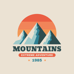 Mountains logo badge graphic design. Hiking climbing concept emblem. Extreme expedition adventure outdoor sign. Vector illustration. Badge for t-shirt design. - 695068752