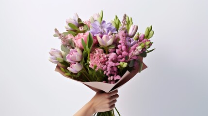 A bouquet of spring flowers close-up in the hand on a white background. A nice gift for a holiday. Spring mood