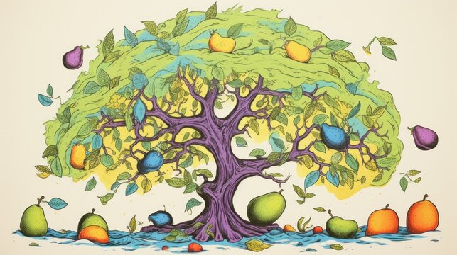  a drawing of an apple tree surrounded by pears and oranges, with leaves and leaves falling off the branches.