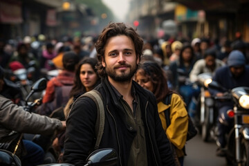 Tourist at busy indian or pakistan street. Crowded street in rush hour - obrazy, fototapety, plakaty